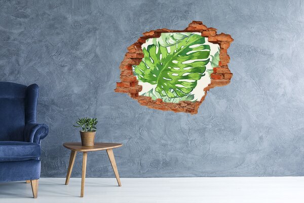 Autocolant de perete gaură 3D Monstera verde într-o gaură de beton