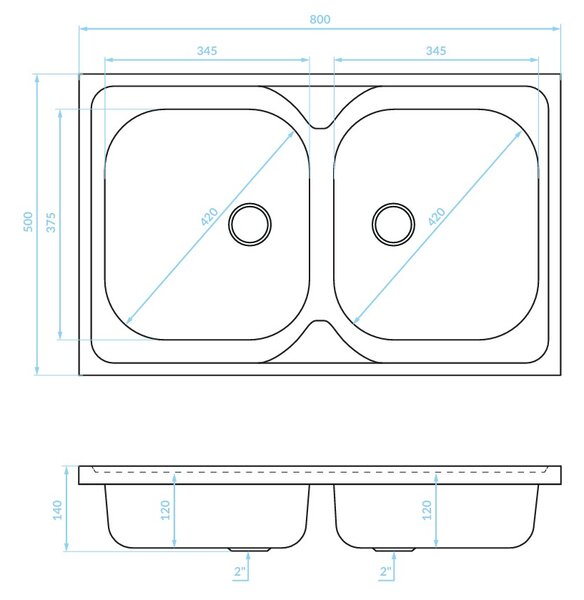 Kuchinox 50, chiuvetă din oțel inoxidabil cu 2 compartimente 800x500x140 mm pentru capac dulap, oțel, LAV-SK5_020T