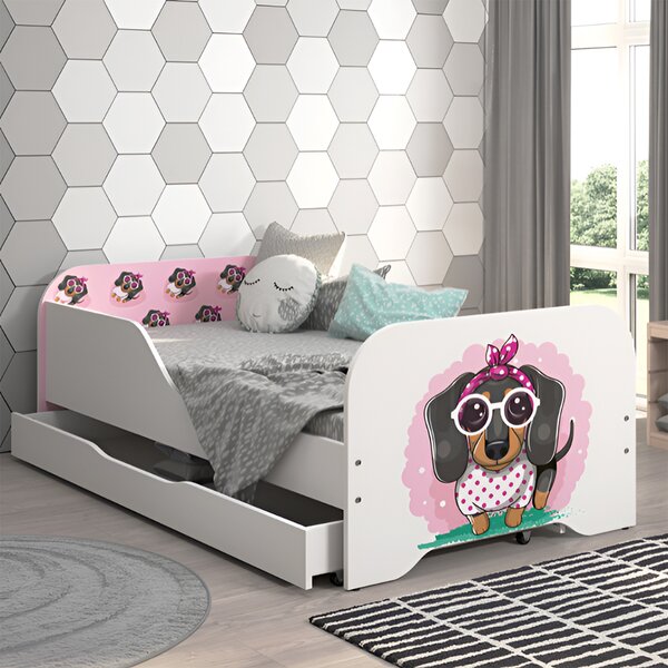 Pat pentru copii complet 140 × 70 cm cu saltea și grilaj – motiv teckel roz
