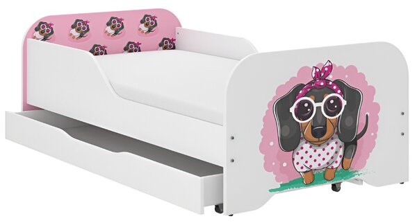 Pat pentru copii complet 140 × 70 cm cu saltea și grilaj – motiv teckel roz