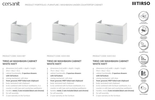 Cersanit Tirso, mobilier lavoar suspendat 994x447x572 mm + lavoar ceramic, alb mat, S801-542