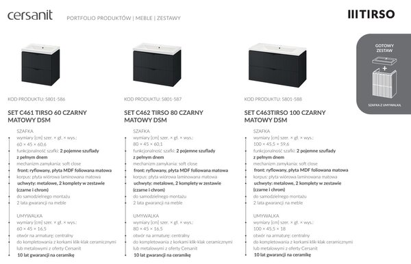 Cersanit Tirso, mobilier lavoar suspendat 994x447x572 mm + lavoar ceramic, negru mat, S801-588