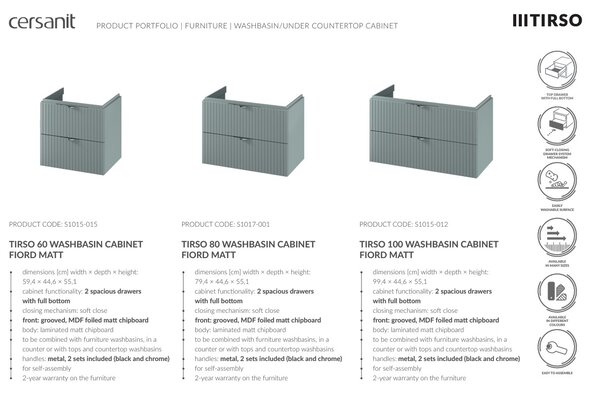 Cersanit Tirso, mobilier lavoar suspendat 594x447x572 mm + lavoar ceramic, verde mat, S801-544