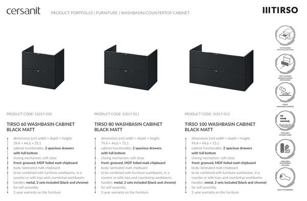 Cersanit Tirso, mobilier lavoar suspendat 994x447x572 mm, negru mat, S1017-012