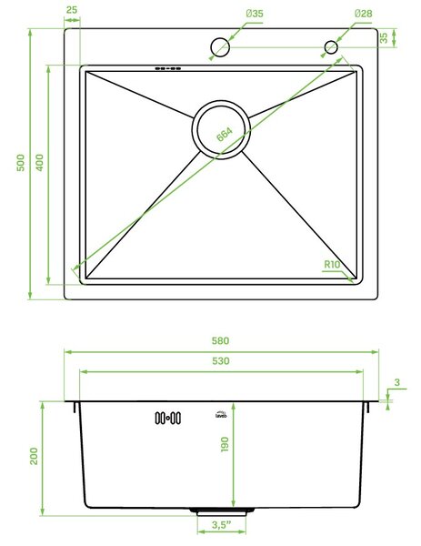 Laveo Malawi, chiuvetă din oțel inoxidabil cu 1 compartiment și accesorii 580x500x200 mm, grafit, LAV-SLMA510D