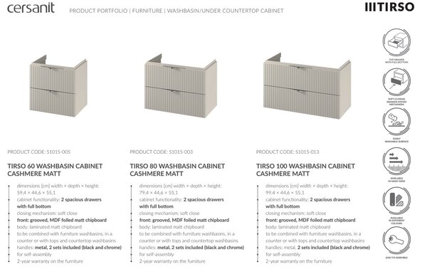 Cersanit Tirso, mobilier lavoar suspendat 994x447x572 mm, bej mat, S1015-013