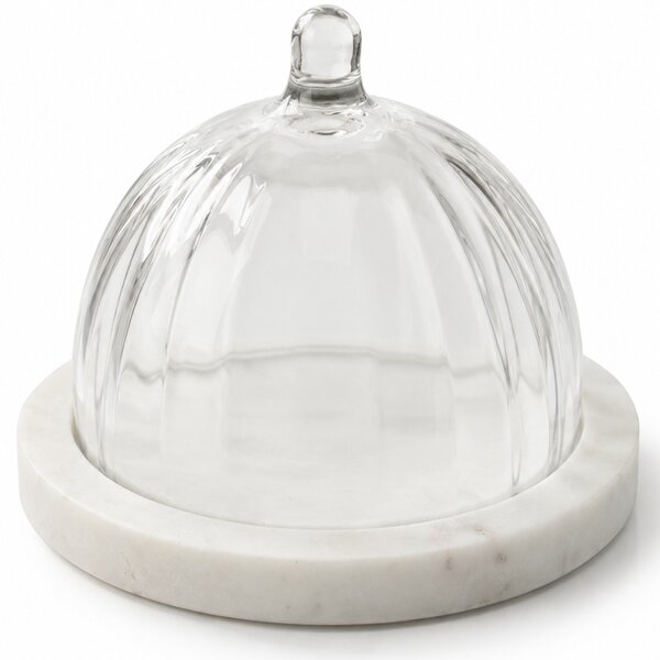 Platou elegant cu capac din sticla si marmura pentru prajituri, macarons, fursecuri si dulciuri, clopot decorativ cu maner, Ø 13,5 x 10 cm, alb