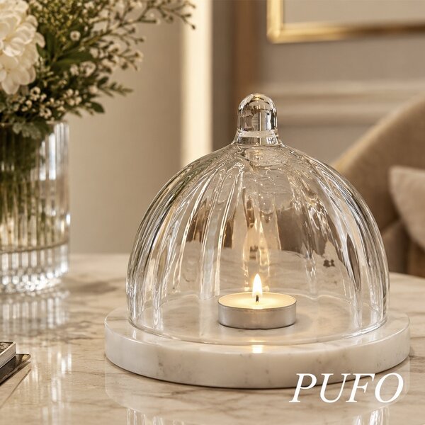 Platou elegant cu capac din sticla si marmura pentru prajituri, macarons, fursecuri si dulciuri, clopot decorativ cu maner, Ø 13,5 x 10 cm, alb