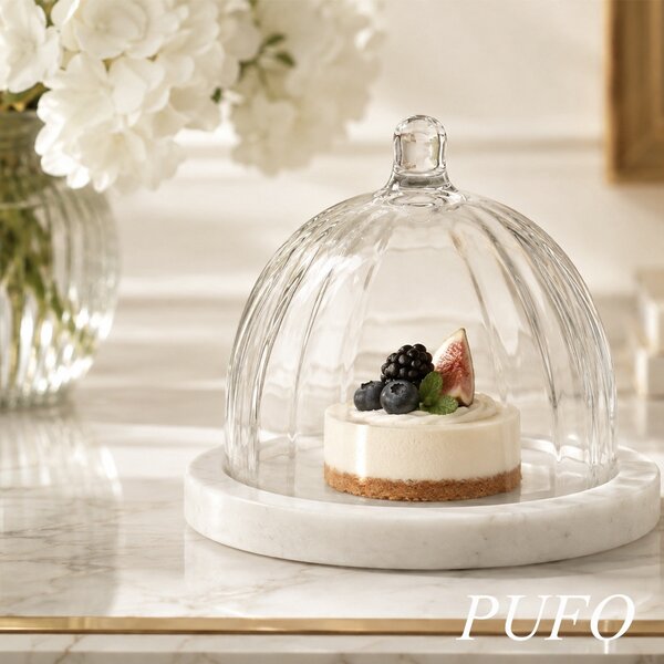 Platou elegant cu capac din sticla si marmura pentru prajituri, macarons, fursecuri si dulciuri, clopot decorativ cu maner, Ø 13,5 x 10 cm, alb