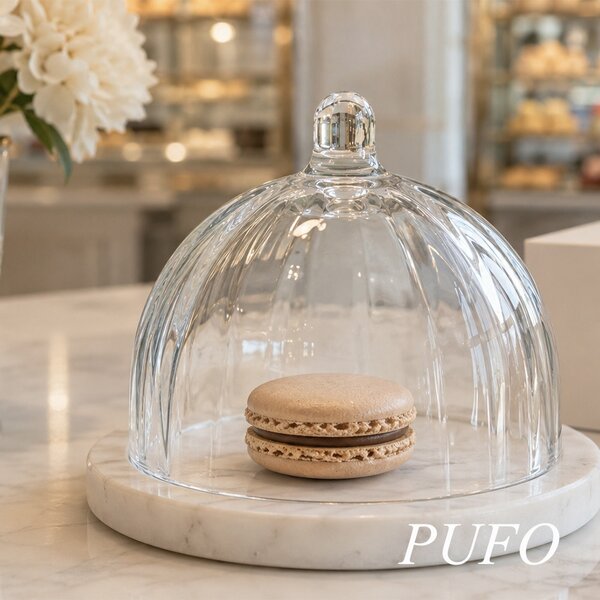 Platou elegant cu capac din sticla si marmura pentru prajituri, macarons, fursecuri si dulciuri, clopot decorativ cu maner, Ø 13,5 x 10 cm, alb