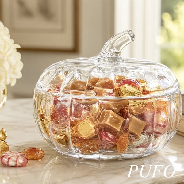 Bomboniera decorativa din sticla in forma de dovleac cu capac, 520 ml, transparent- design elegant de toamna