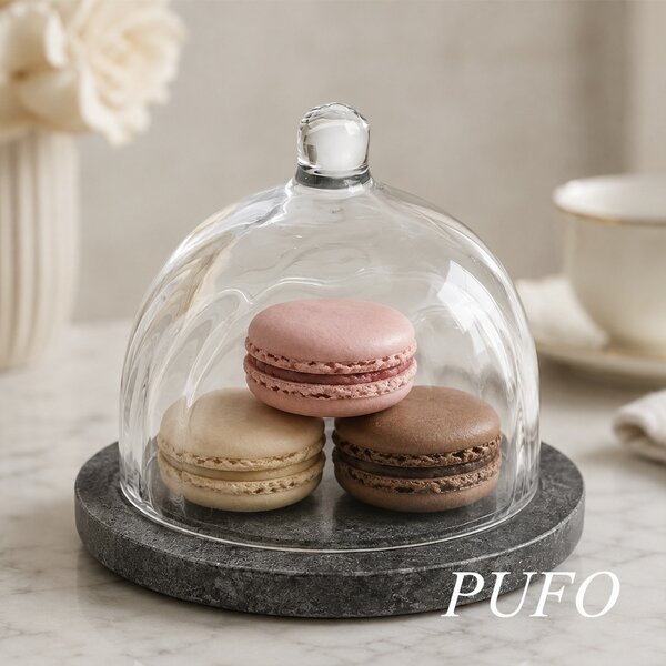 Platou elegant cu capac din sticla si marmura pentru prajituri, macarons, fursecuri si dulciuri, clopot decorativ cu maner, Ø 13,5 x 10 cm, gri