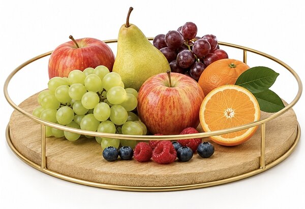 Platou rotativ din lemn de mango cu margine metalica, Ø 28 cm, tava servire rotativa pentru gustari, condimente, sosuri si organizare masa, auriu