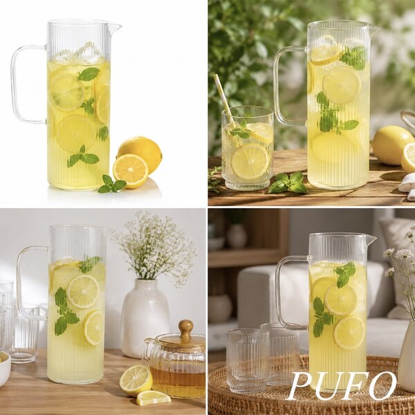 Carafa eleganta Pufo Juice din sticla cu maner, pentru apa, limonada, suc si aăuturi reci, 900 ml