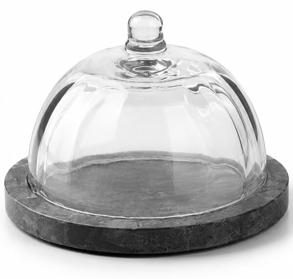 Platou elegant cu capac din sticla si marmura pentru prajituri, macarons, fursecuri si dulciuri, clopot decorativ cu maner, Ø 13,5 x 10 cm, gri