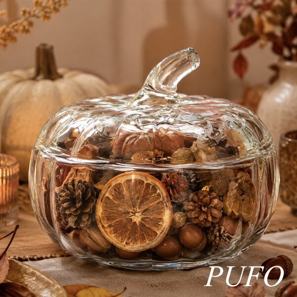 Bomboniera decorativa din sticla in forma de dovleac cu capac, 520 ml, transparent- design elegant de toamna