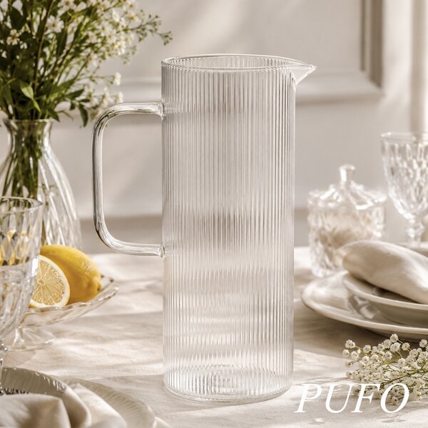 Carafa eleganta Pufo Juice din sticla cu maner, pentru apa, limonada, suc si aăuturi reci, 900 ml
