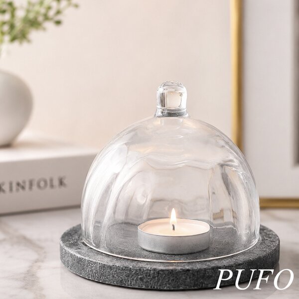 Platou elegant cu capac din sticla si marmura pentru prajituri, macarons, fursecuri si dulciuri, clopot decorativ cu maner, Ø 13,5 x 10 cm, gri