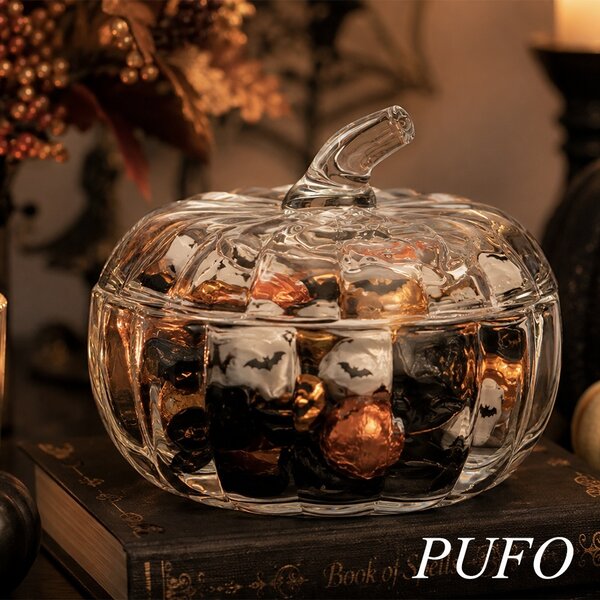 Bomboniera decorativa din sticla in forma de dovleac cu capac, 520 ml, transparent- design elegant de toamna