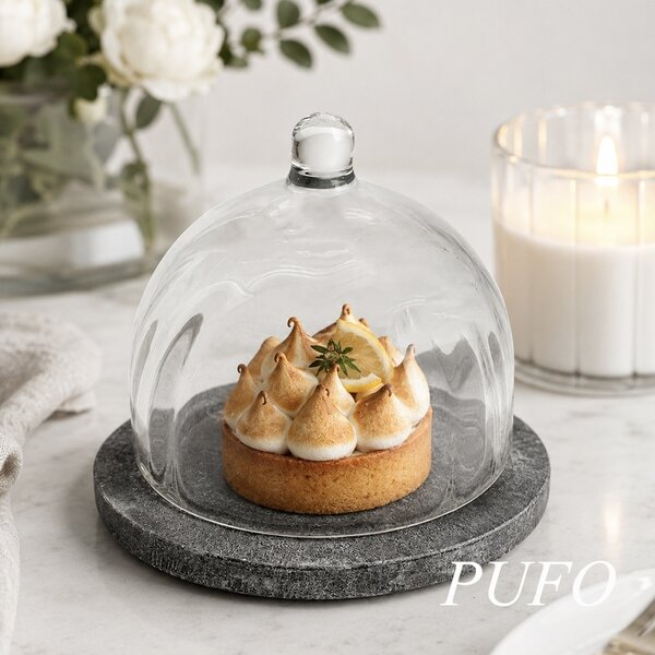 Platou elegant cu capac din sticla si marmura pentru prajituri, macarons, fursecuri si dulciuri, clopot decorativ cu maner, Ø 13,5 x 10 cm, gri