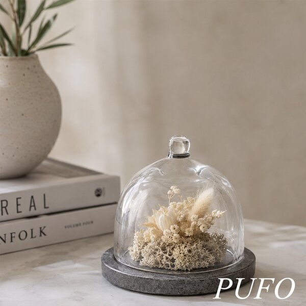 Platou elegant cu capac din sticla si marmura pentru prajituri, macarons, fursecuri si dulciuri, clopot decorativ cu maner, Ø 13,5 x 10 cm, gri