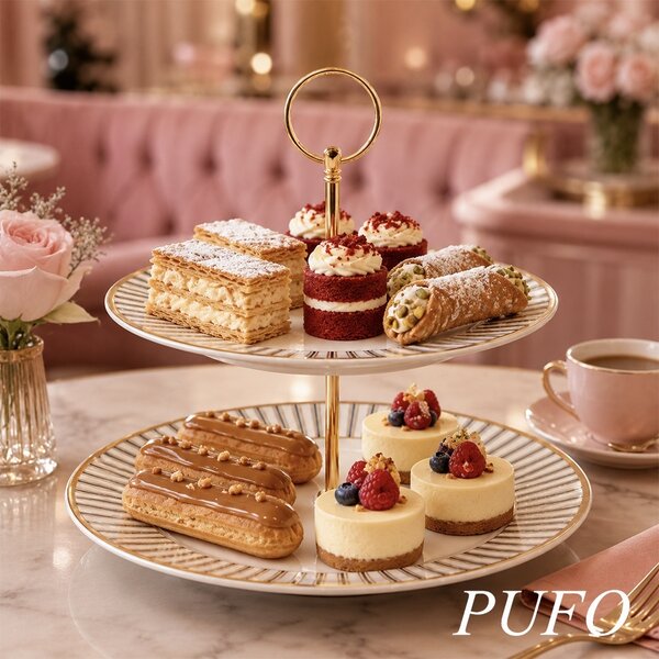 Etajera eleganta din portelan Pufo Line cu 2 niveluri si maner metalic auriu, Ø 24 cm, suport etajat pentru prajituri, dulciuri, fructe si aperitive