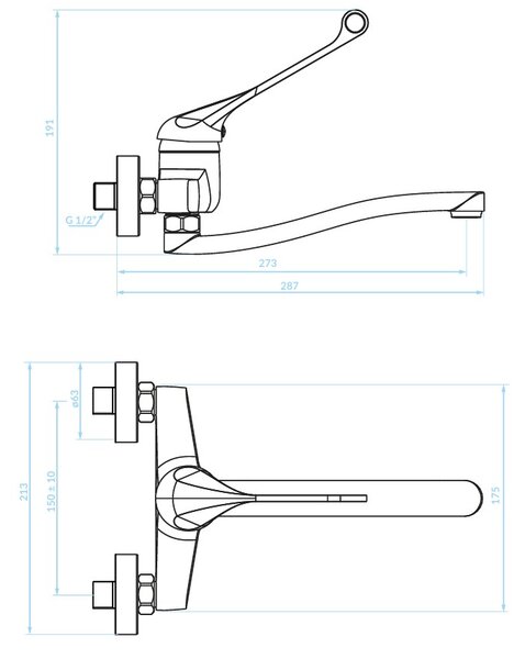 Kuchinox Madera, baterie chiuvetă de perete 150 mm cu manetă medicală, cromată, LAV-BQM_08MD