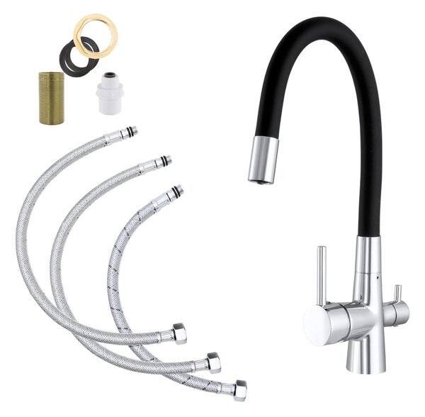 Gamma Flex, baterie chiuvetă cu trei căi cu braț flexibil și racord filtru apă, crom-negru mat, GMA-BFXF-CH