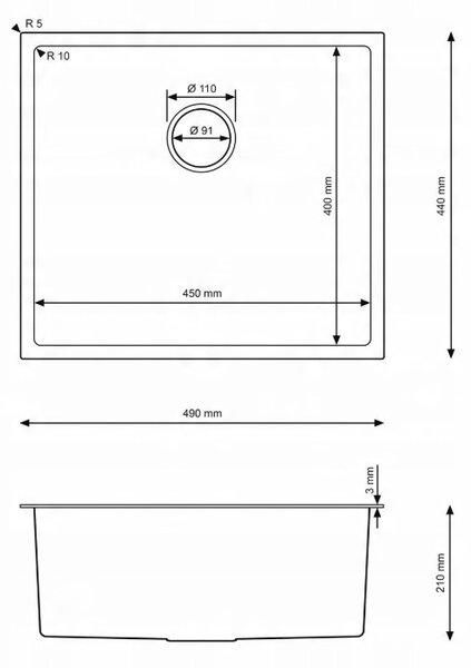 Chiuvetă Erga HD din oțel cu 1 compartiment, 490x440x210 mm, grafit, ERG-MLS-HD4944B