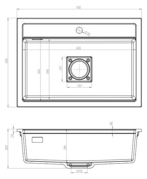 Chiuvetă Gamma Quadro 7050, granit cu 1 compartiment 700x500x220 mm, neagră, GMA-ZLE000237