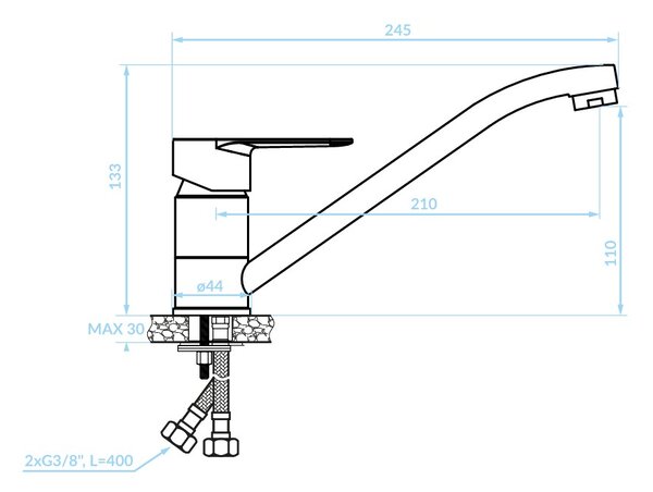 Kuchinox Fresno, baterie chiuvetă L-210, cromată, LAV-BQF_060D