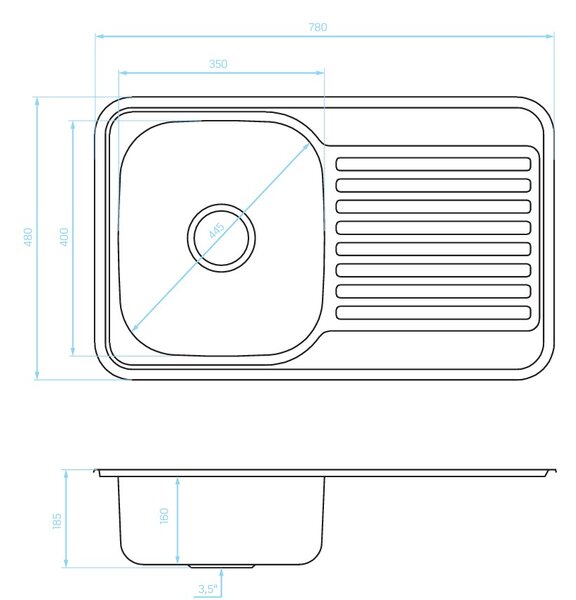Kuchinox Faro, chiuvetă din oțel inoxidabil cu 1 compartiment 780x480x185 mm, suprafață netedă, oțel, LAV-SKH_011T
