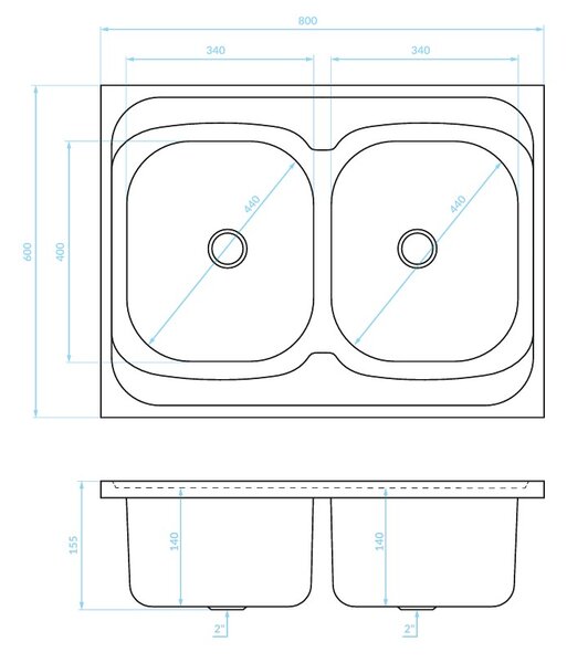 Kuchinox Kuchinox, chiuvetă din oțel inoxidabil cu 2 compartimente 800x600x155 mm pentru așezare pe un dulap, decor neted, oțel, LAV-SK2_020T