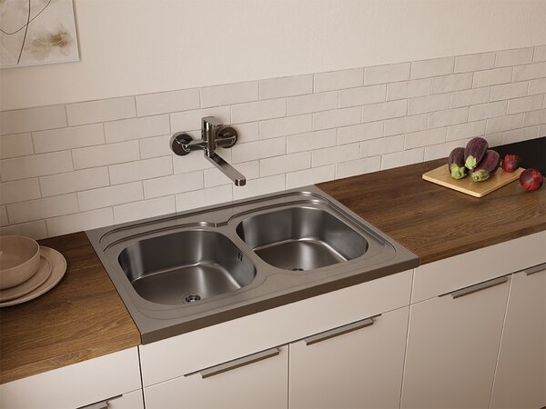 Kuchinox Kuchinox, chiuvetă din oțel inoxidabil cu 2 compartimente 800x600x155 mm pentru așezare pe un dulap, decor neted, oțel, LAV-SK2_020T