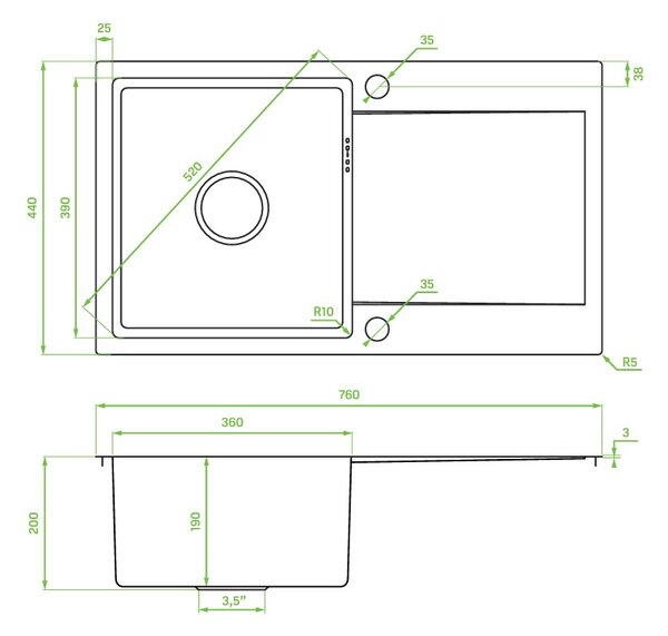 Laveo Marmara, chiuvetă din oțel inoxidabil cu 1 compartiment 760x440x200mm, oțel, LAV-SAM_011T