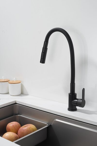 Gamma Flex 4000, baterie de chiuvetă independentă cu braț flexibil, pipă cu 2 funcții, negru mat, GMA-BFX-4000BK