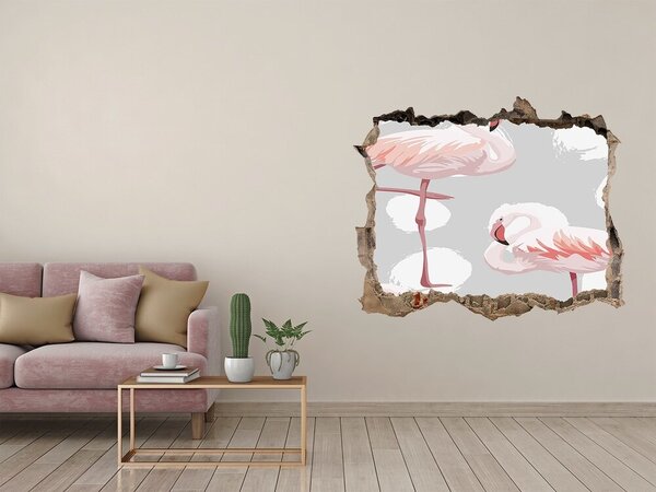 Autocolant de perete gaură 3D Flamingo roz într-o gaură în perete