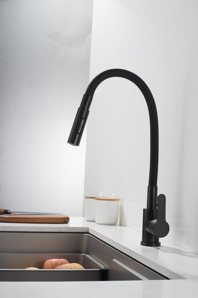 Gamma Flex 4000, baterie de chiuvetă independentă cu braț flexibil, pipă cu 2 funcții, negru mat, GMA-BFX-4000BK