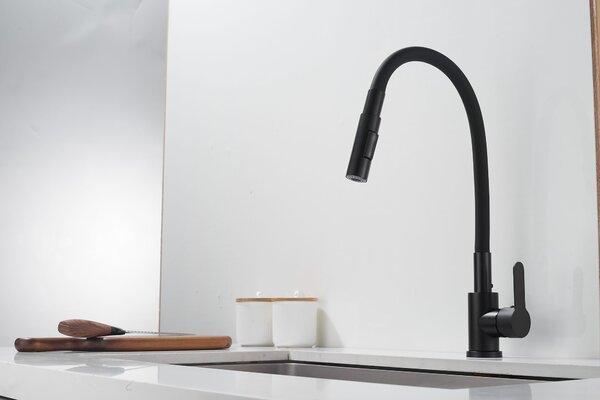 Gamma Flex 4000, baterie de chiuvetă independentă cu braț flexibil, pipă cu 2 funcții, negru mat, GMA-BFX-4000BK