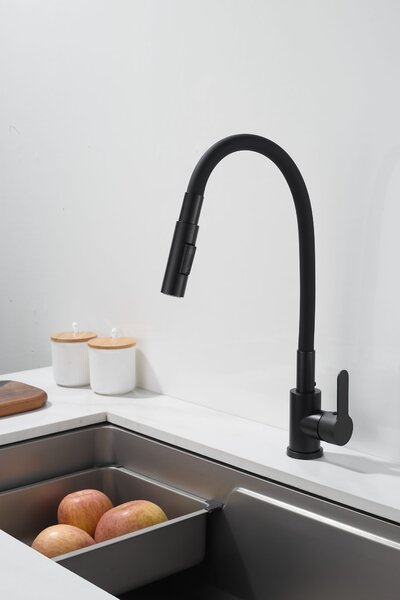 Gamma Flex 4000, baterie de chiuvetă independentă cu braț flexibil, pipă cu 2 funcții, negru mat, GMA-BFX-4000BK