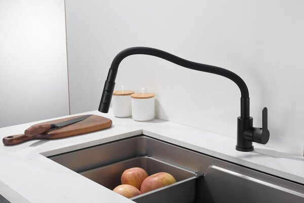 Gamma Flex 4000, baterie de chiuvetă independentă cu braț flexibil, pipă cu 2 funcții, negru mat, GMA-BFX-4000BK