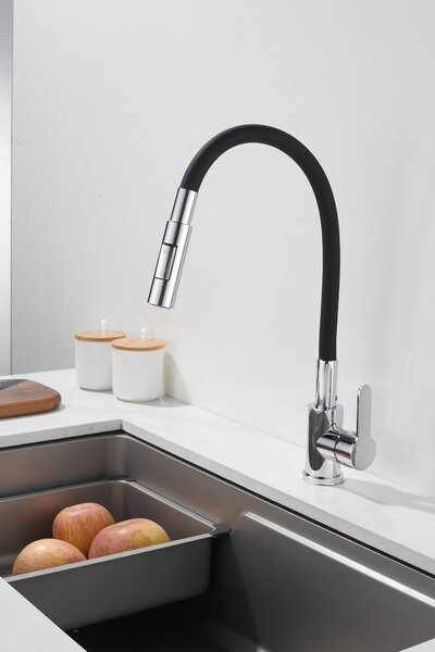 Gamma Flex 4000, baterie de chiuvetă independentă cu braț flexibil, pipă cu 2 funcții, crom negru, GMA-BFX-4000CH