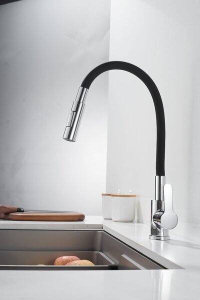 Gamma Flex 4000, baterie de chiuvetă independentă cu braț flexibil, pipă cu 2 funcții, crom negru, GMA-BFX-4000CH