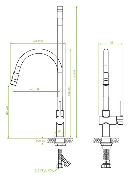 Laveo Alita, baterie chiuvetă independentă cu braț elastic, pipă cu 2 funcții, crom mat negru, LAV-BVA_762D