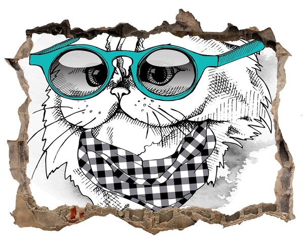 Autocolant de perete gaură 3D Cat cu ochelari