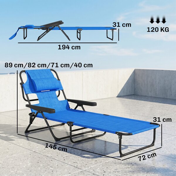 Outsunny Sezlong Plaja Pliabil cu 4 Nivele Rabatare si brațe, Greutate sustinuta 120 kg,Gri | Aosom Romania
