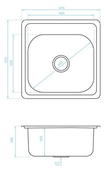 Kuchinox Standard, chiuvetă din oțel inoxidabil cu 1 compartiment 475x475x180 mm, decor neted, oțel, LAV-SKS_010T