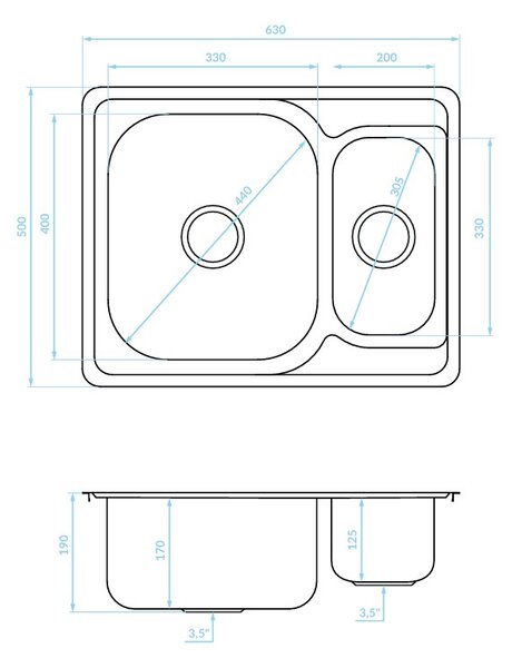 Kuchinox Junak, chiuvetă din oțel inoxidabil cu 1,5 compartimente 630x500x190 mm, oțel, LAV-SQA_030T