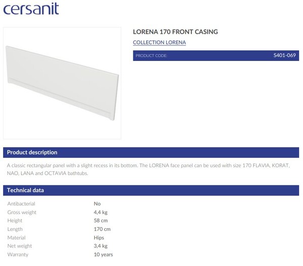 Cersanit Lorena - panou frontal universal pentru cada 170 cm seria FLAVIA, KORAT, NAO, LANA, OCTAVIA, S401-069