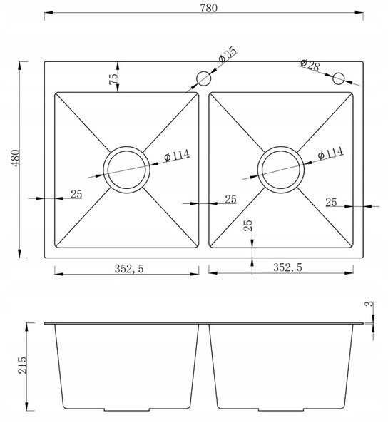 Chiuvetă Erga HD, cu 2 compartimente din oțel 780x480x215 mm, oțel periat, ERG-MLS-LEX7848